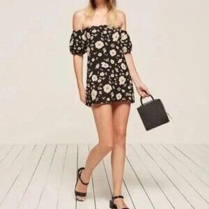 Reformation Framboise Off Shoulder Black Floral Mini Dress $178